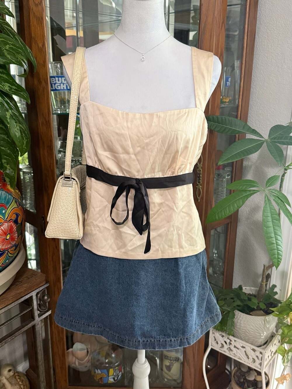 Edikted Women's Beige Satin Bow Detail Tank